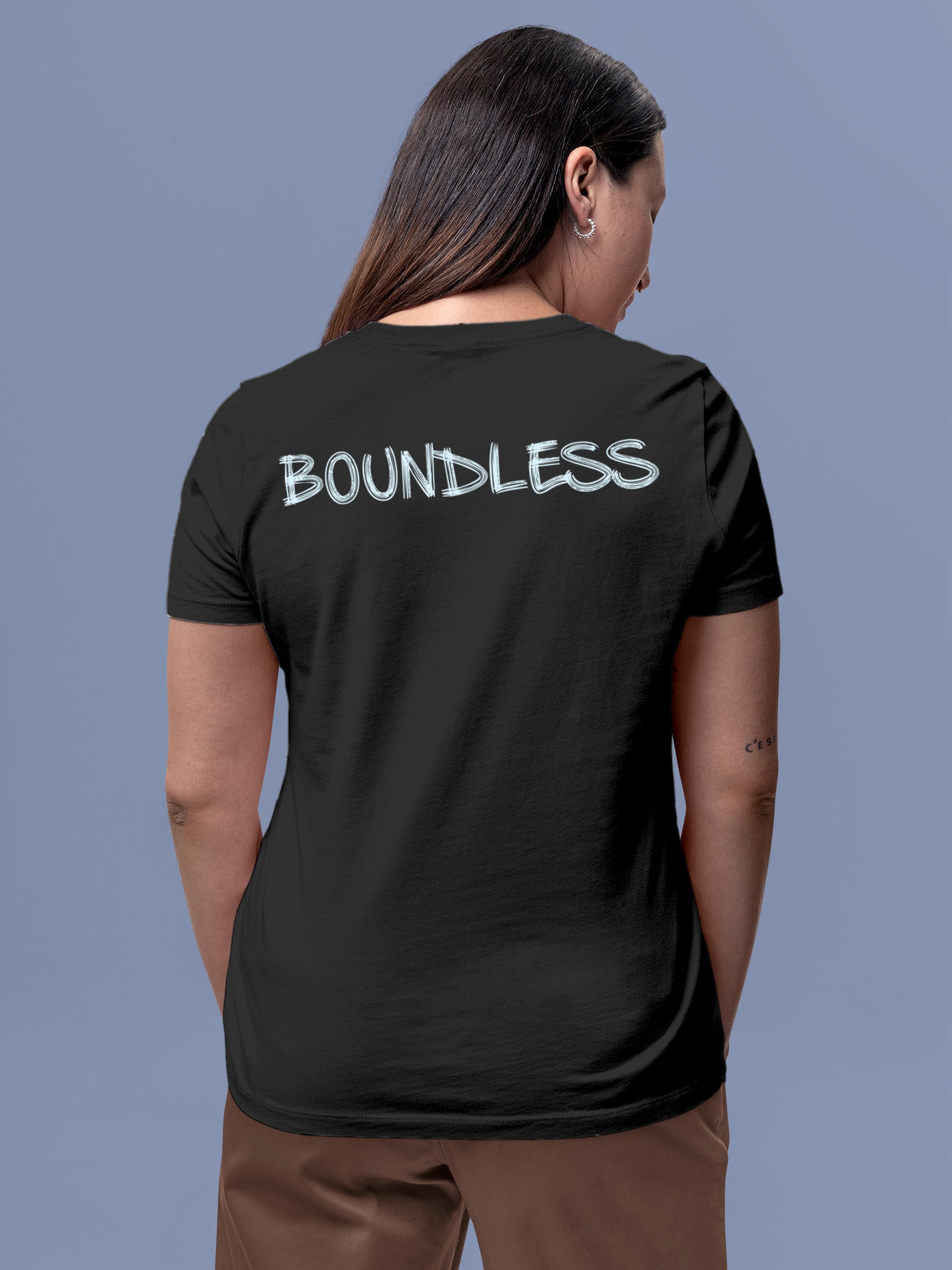 Model wearing Women's Dark Grey Round Neck T-shirt with 'Boundless' design, offering effortless style and premium comfort