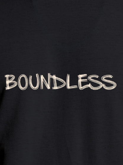 Close up of 'Boundless' design on Women's Dark Grey Round Neck T-shirt, highlighting intricate details and vibrant print.
