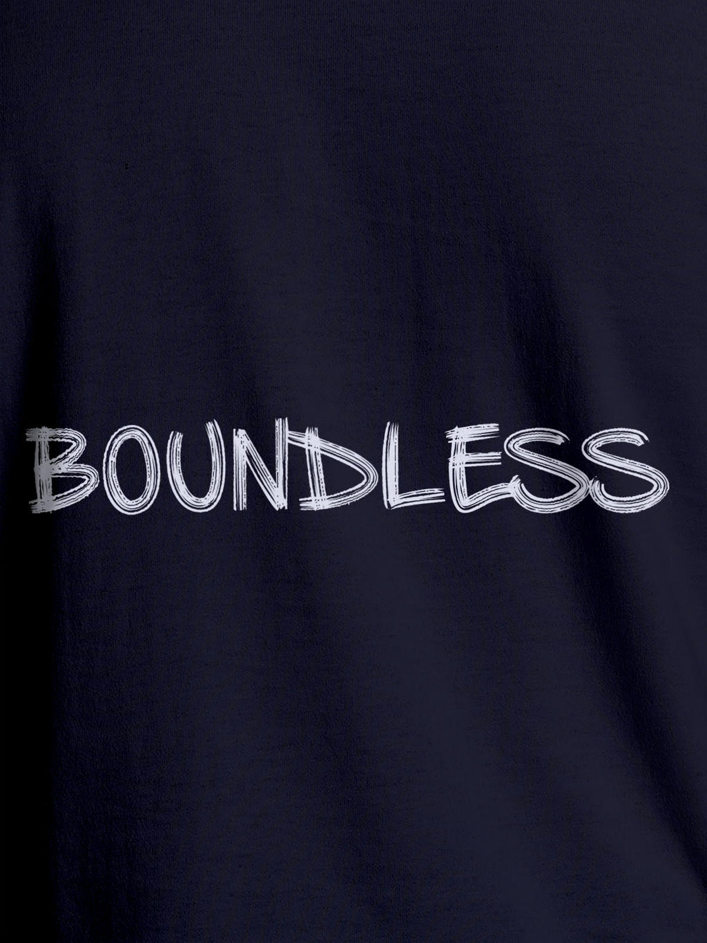 Close up of 'Boundless' design on Men's Navy Blue Round Neck T-shirt, highlighting intricate details and vibrant print.