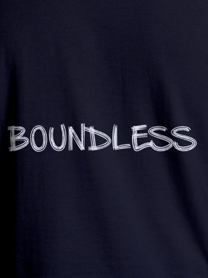 Close up of 'Boundless' design on Men's Navy Blue Round Neck T-shirt, highlighting intricate details and vibrant print.