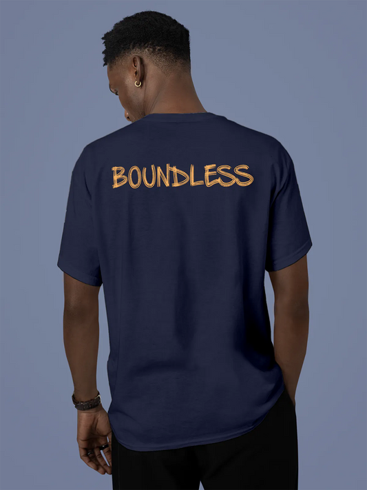 Fighterhero T-shirts: Model wearing Men's Navy Blue Round Neck T-shirt with 'Boundless' design
