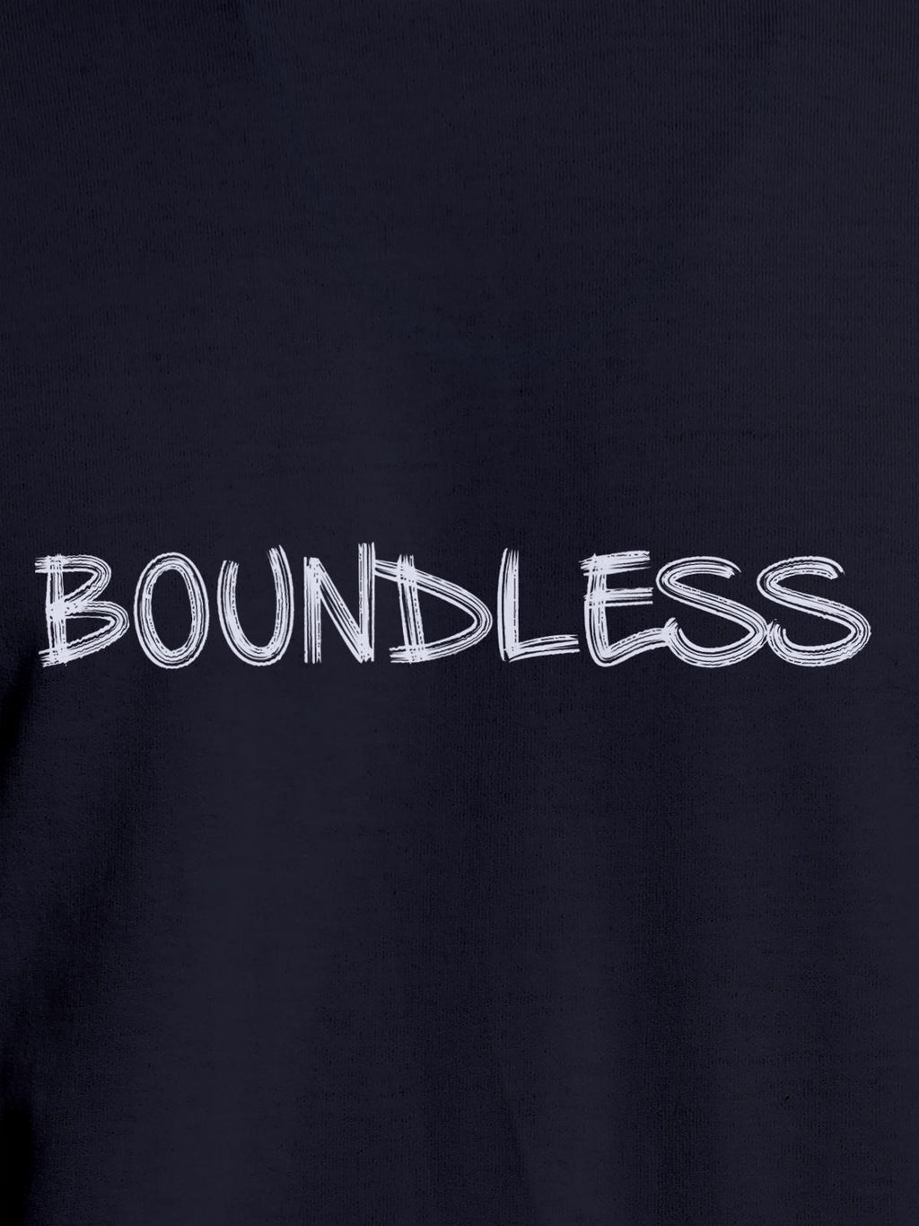 Close up of 'Boundless' design on Women's Navy Blue Round Neck T-shirt, highlighting intricate details and vibrant print.