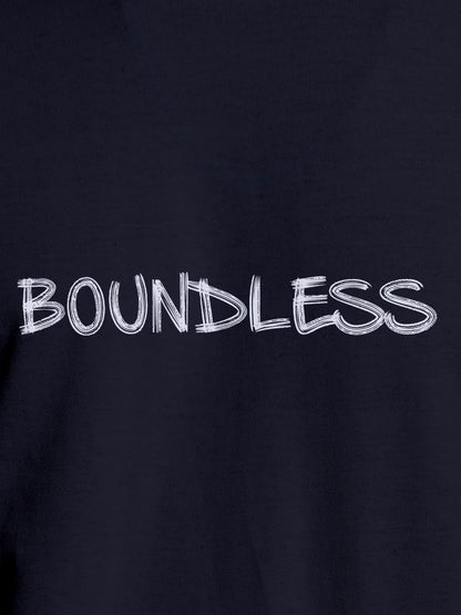 Close up of 'Boundless' design on Women's Navy Blue Round Neck T-shirt, highlighting intricate details and vibrant print.