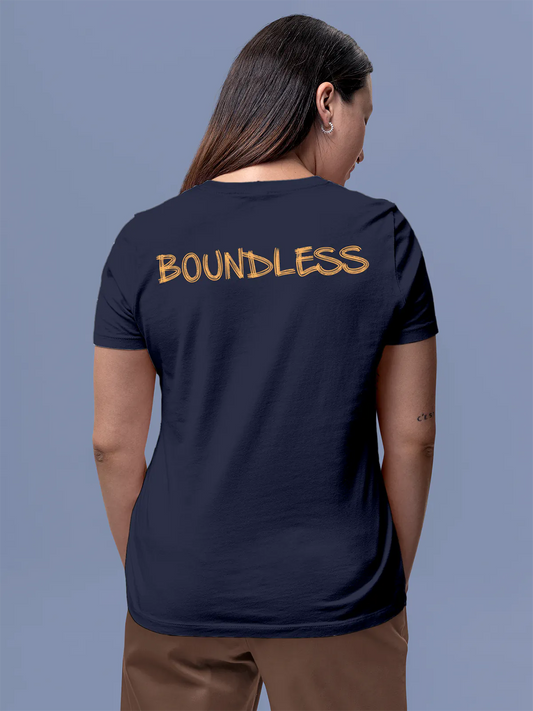 Fighterhero T-shirts: Model wearing Women's Navy Blue Round Neck T-shirt with 'Boundless' design