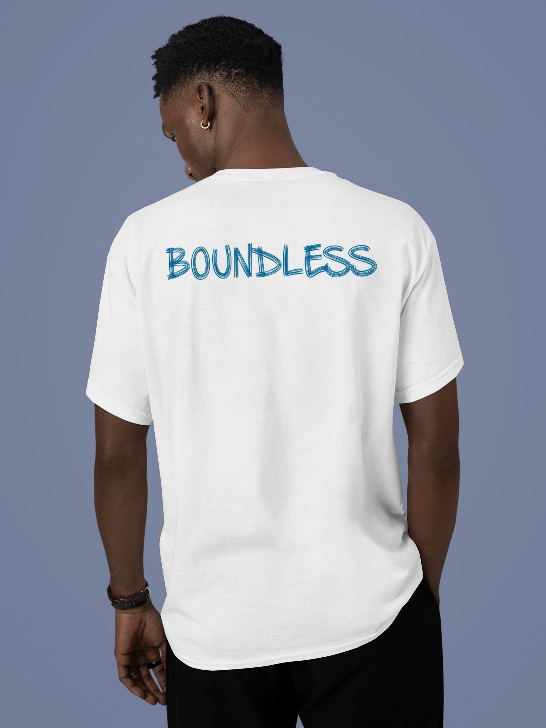 Model wearing Men's White Round Neck T-shirt with 'Boundless' design, offering effortless style and premium comfort