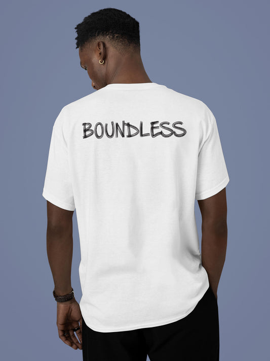 Model wearing Men's White Round Neck T-shirt with 'Boundless' design, offering effortless style and premium comfort