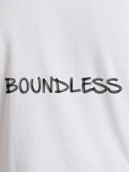 Close up of 'Boundless' design on Men's White Round Neck T-shirt, highlighting intricate details and vibrant print.