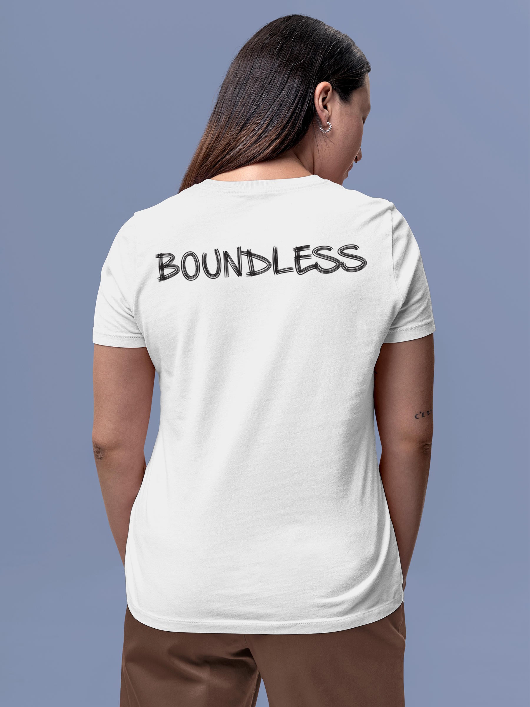 Model wearing Women's White Round Neck T-shirt with 'Boundless' design, offering effortless style and premium comfort