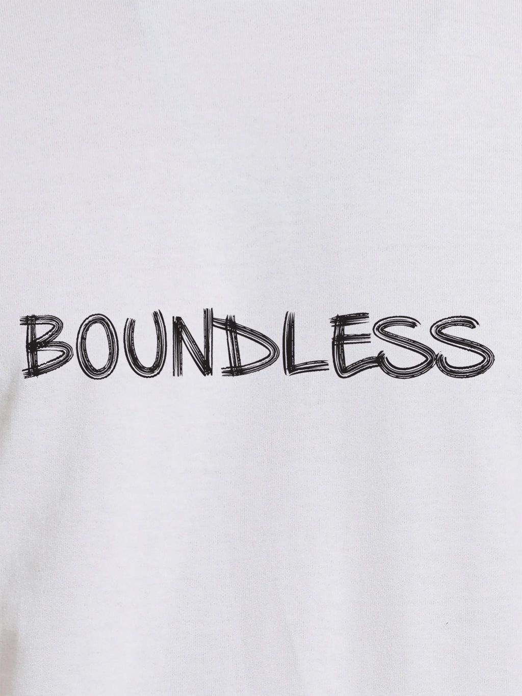 Close up of 'Boundless' design on Women's White Round Neck T-shirt, highlighting intricate details and vibrant print.