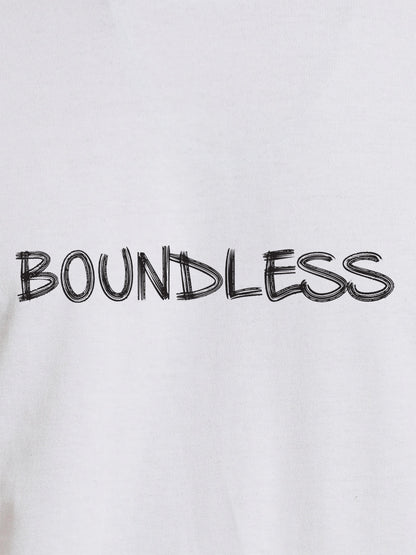 Close up of 'Boundless' design on Women's White Round Neck T-shirt, highlighting intricate details and vibrant print.