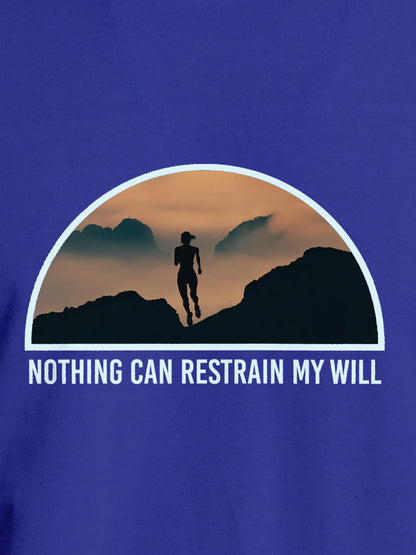 Close up of 'Limitless Will' design on Men's Blue Round Neck T-shirt, highlighting intricate details and vibrant print.