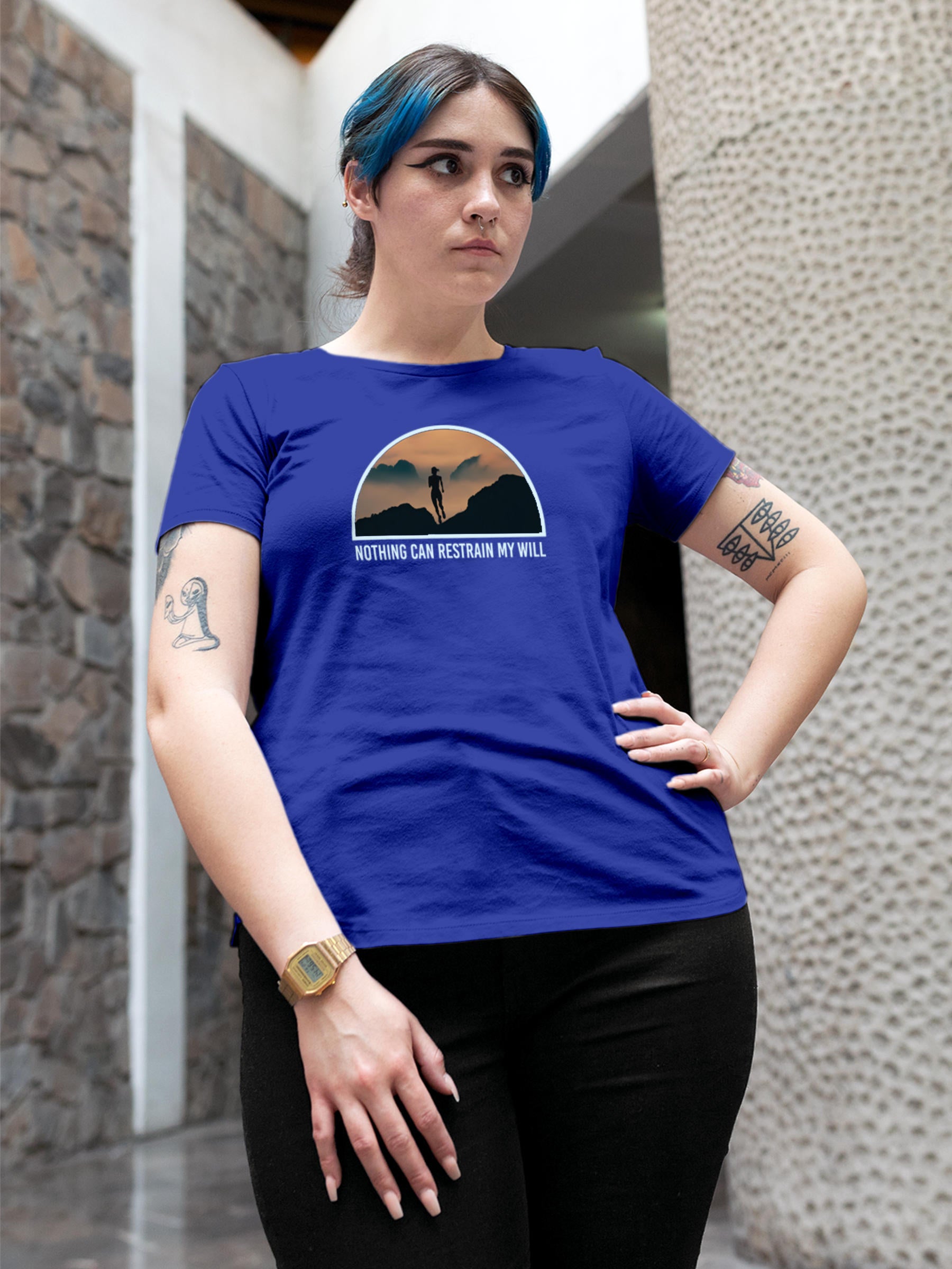 Model wearing Women's Blue Round Neck T-shirt with 'Limitless Will' design, offering effortless style and premium comfort