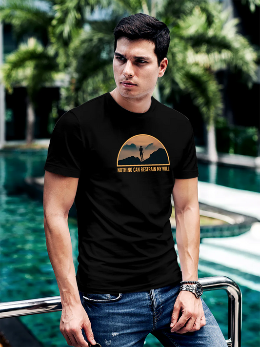 Fighterhero T-shirts: Model wearing Men's Black Round Neck T-shirt with 'Limitless Will' design
