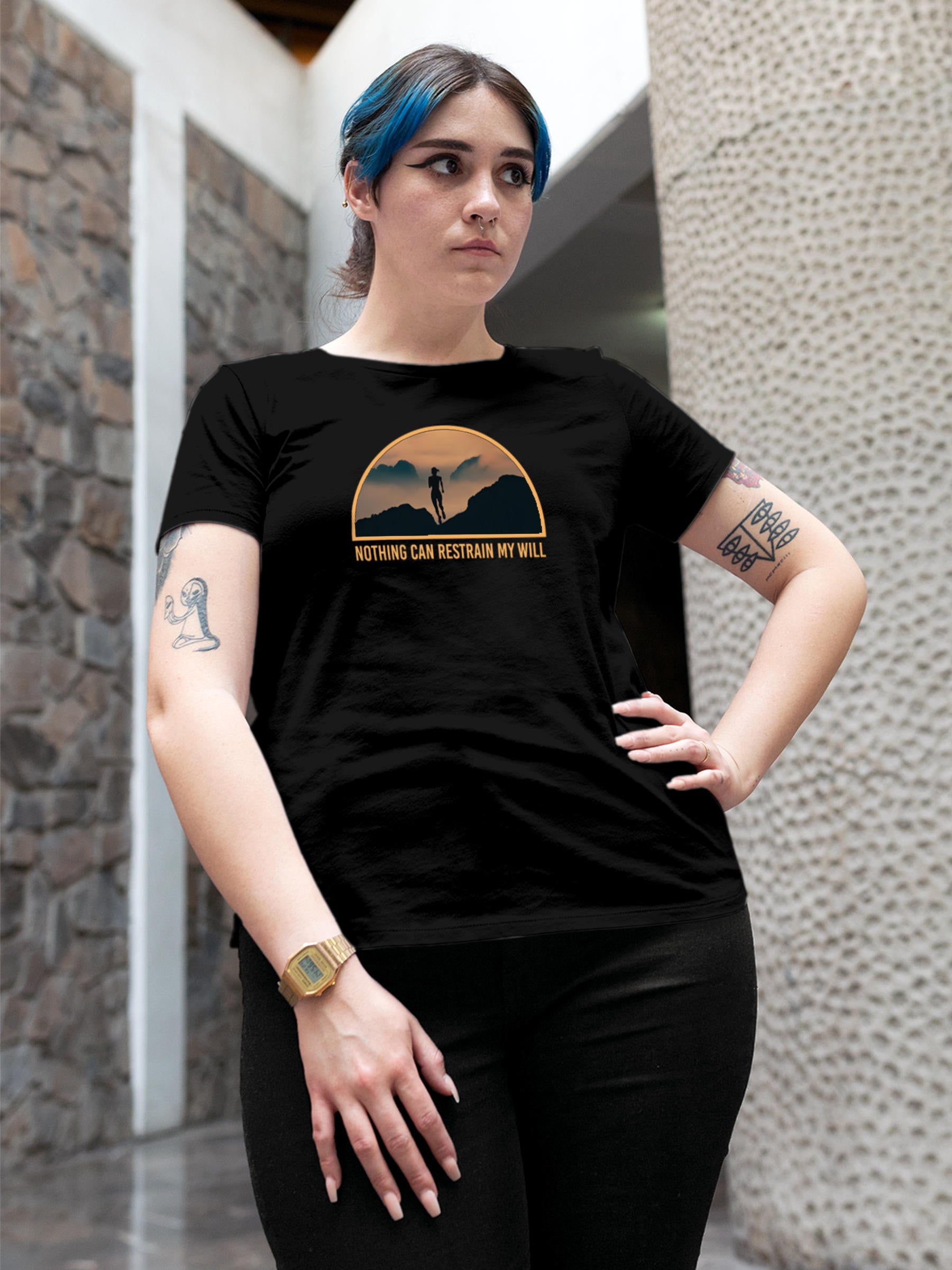 Model wearing Women's Black Round Neck T-shirt with 'Limitless Will' design, offering effortless style and premium comfort