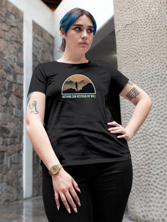 Fighterhero T-shirts: Model wearing Women's Dark Grey Round Neck T-shirt with 'Limitless Will' design