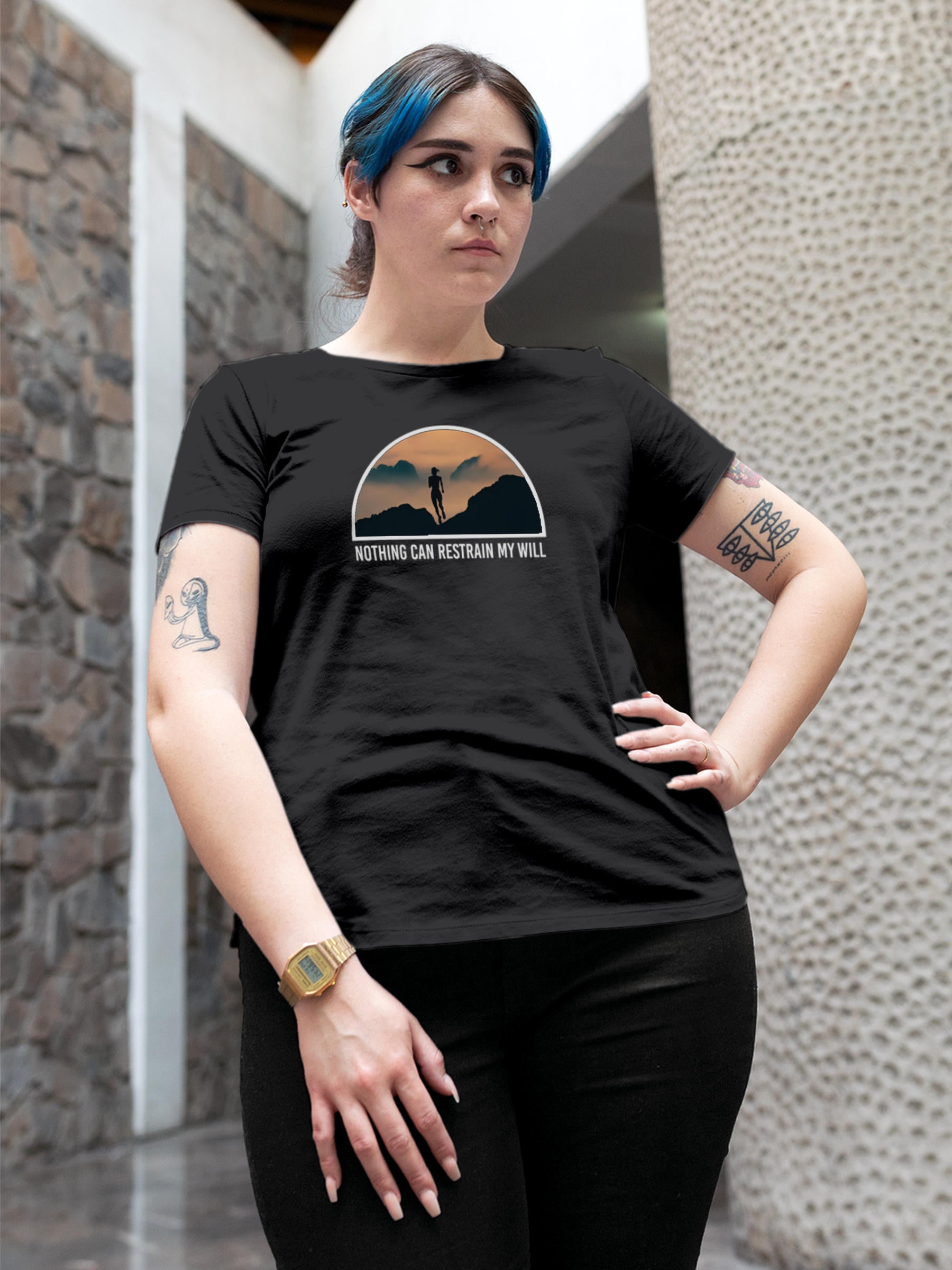 Model wearing Women's Dark Grey Round Neck T-shirt with 'Limitless Will' design, offering effortless style and premium comfort