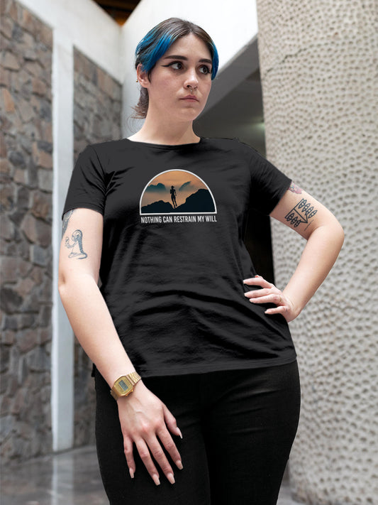 Model wearing Women's Dark Grey Round Neck T-shirt with 'Limitless Will' design, offering effortless style and premium comfort
