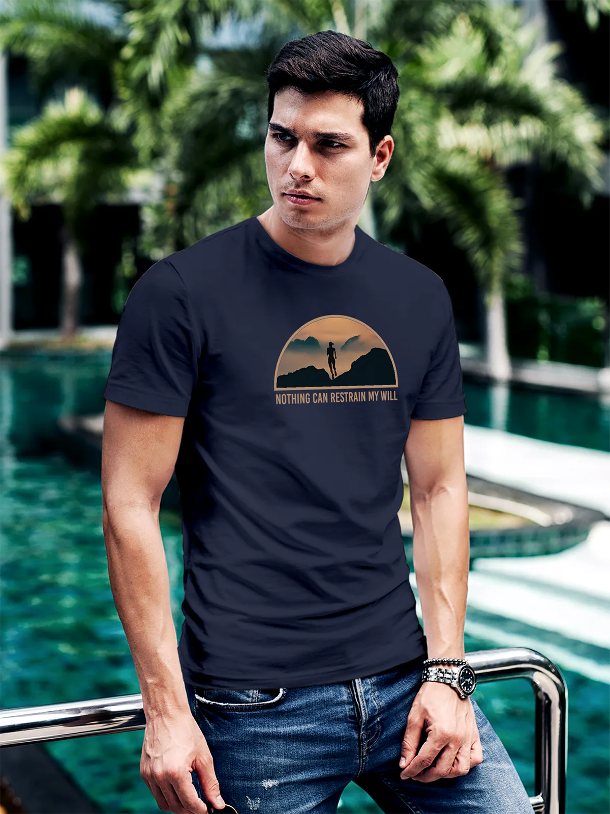 Model wearing Men's Navy Blue Round Neck T-shirt with 'Limitless Will' design, offering effortless style and premium comfort