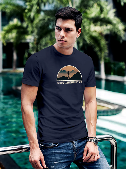 Fighterhero T-shirts: Model wearing Men's Navy Blue Round Neck T-shirt with 'Limitless Will' design