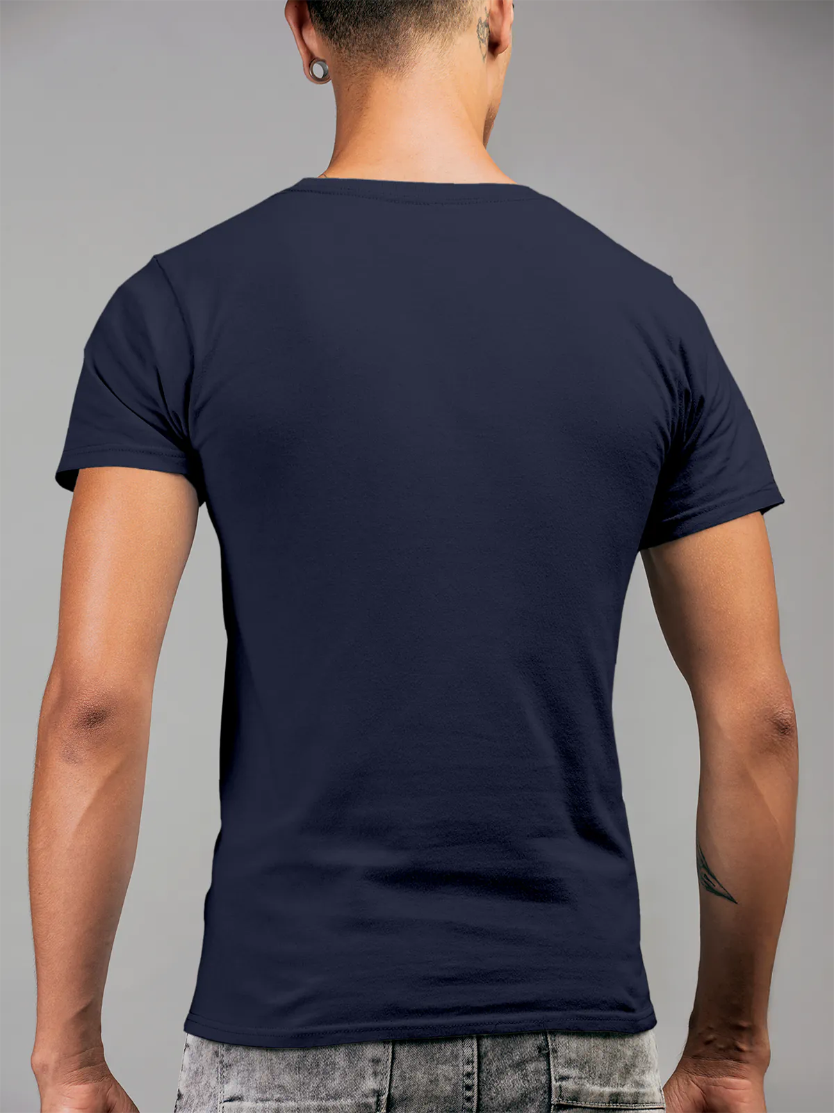 Back view of Fighterhero Men's Navy Blue Round Neck T-shirt, highlighting the modern look and clean finish