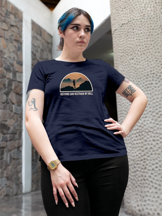 Fighterhero T-shirts: Model wearing Women's Navy Blue Round Neck T-shirt with 'Limitless Will' design