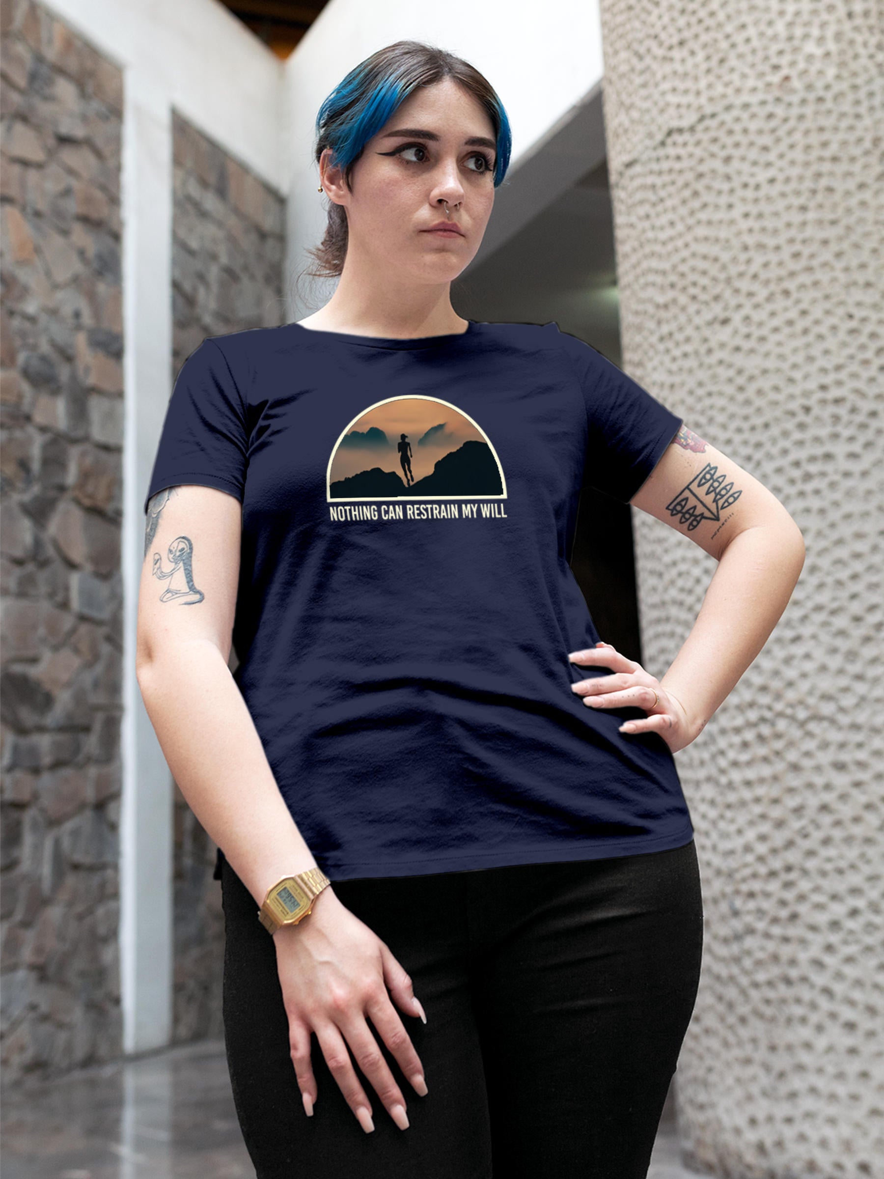 Model wearing Women's Navy Blue Round Neck T-shirt with 'Limitless Will' design, offering effortless style and premium comfort