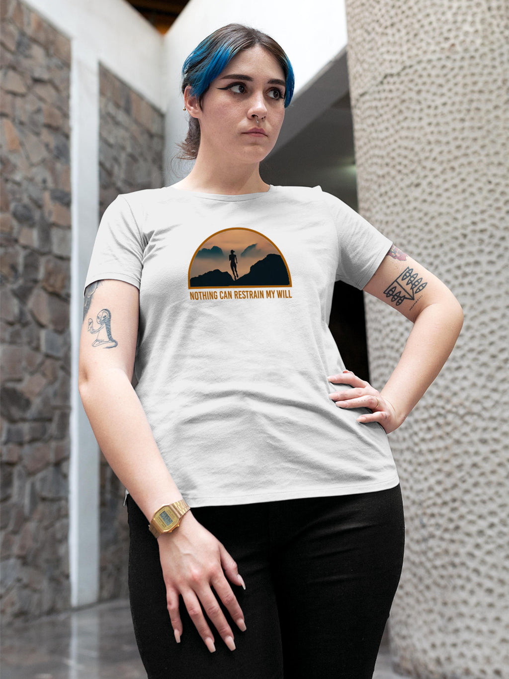 Model wearing Women's White Round Neck T-shirt with 'Limitless Will' design, offering effortless style and premium comfort