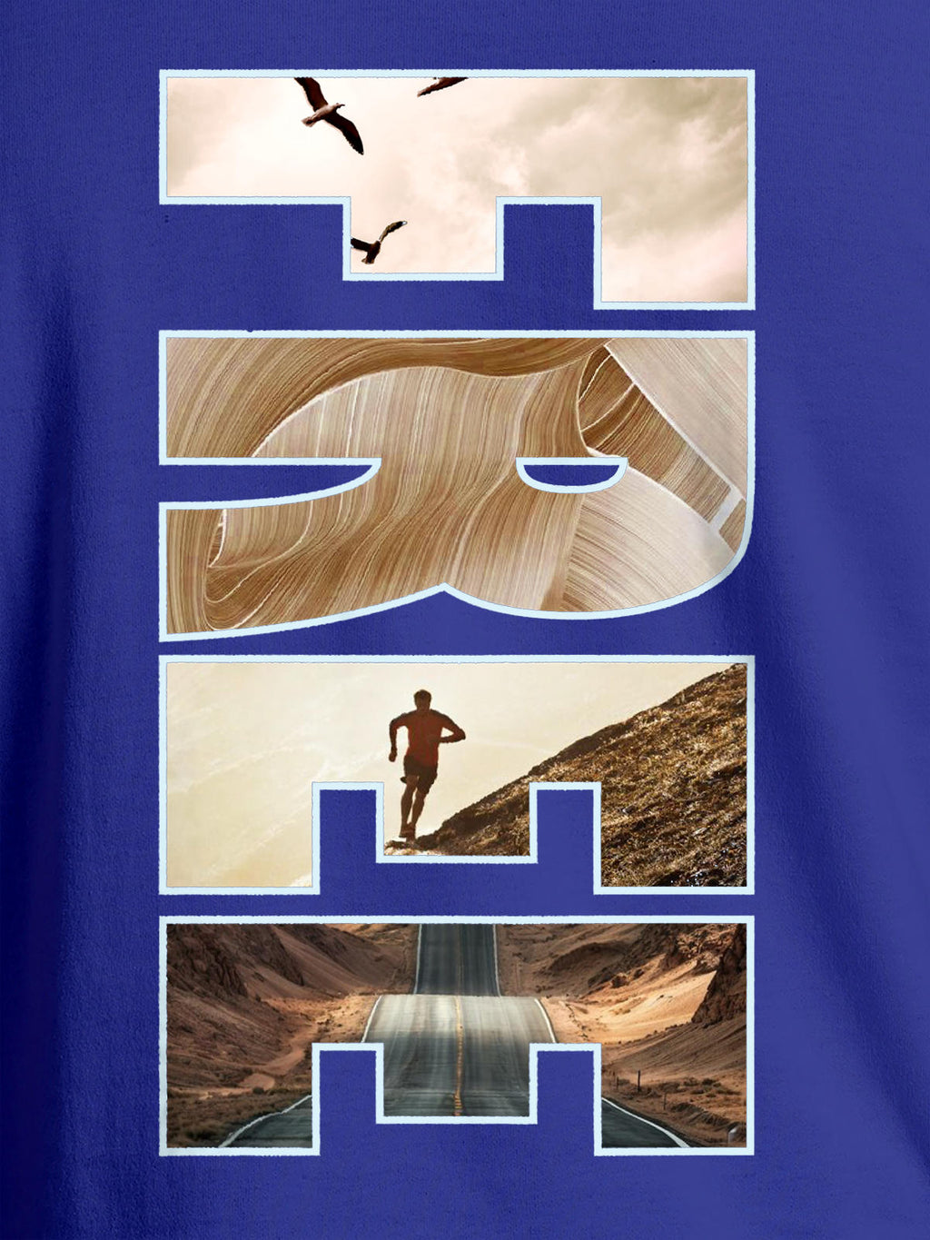 Close up of 'Free & Boundless' design on Men's Blue Round Neck T-shirt, highlighting intricate details and vibrant print.