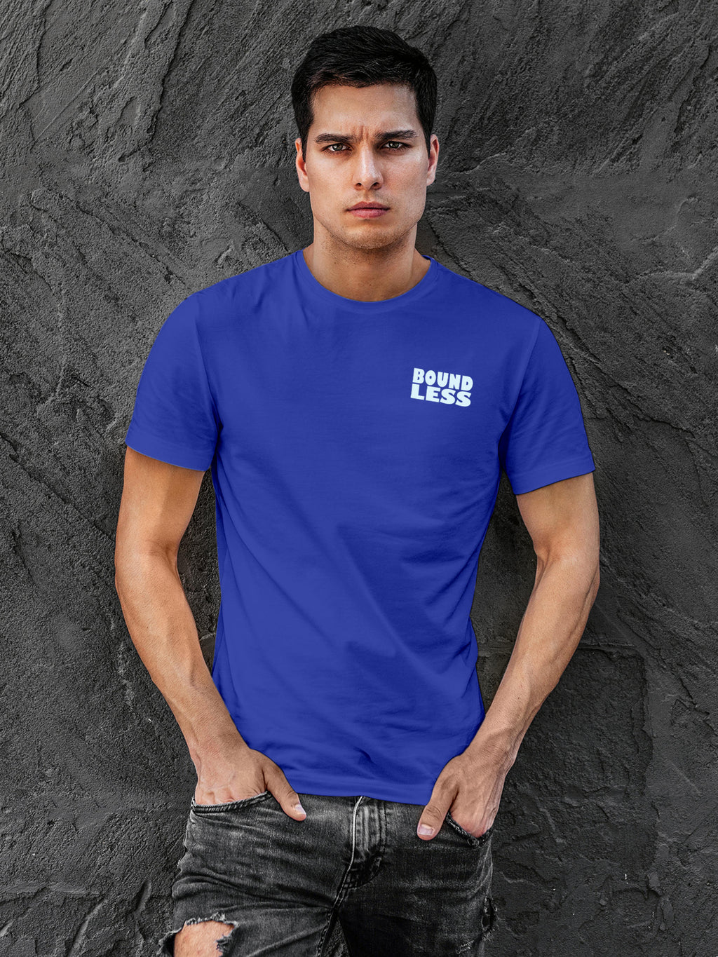 Front view of Fighterhero Men's Blue Round Neck T-shirt, highlighting the 'broken chains' design on the chest.