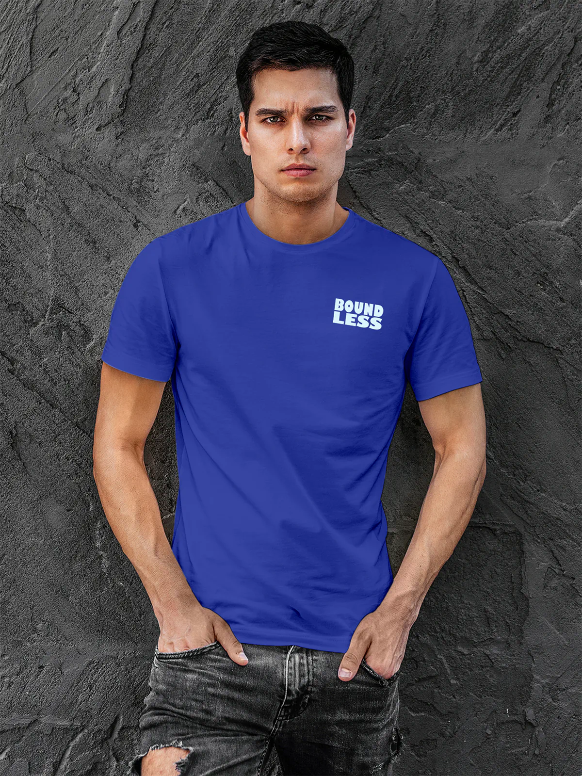 Front view of Fighterhero Men's Blue Round Neck T-shirt, highlighting the 'boundless' print design on the chest.