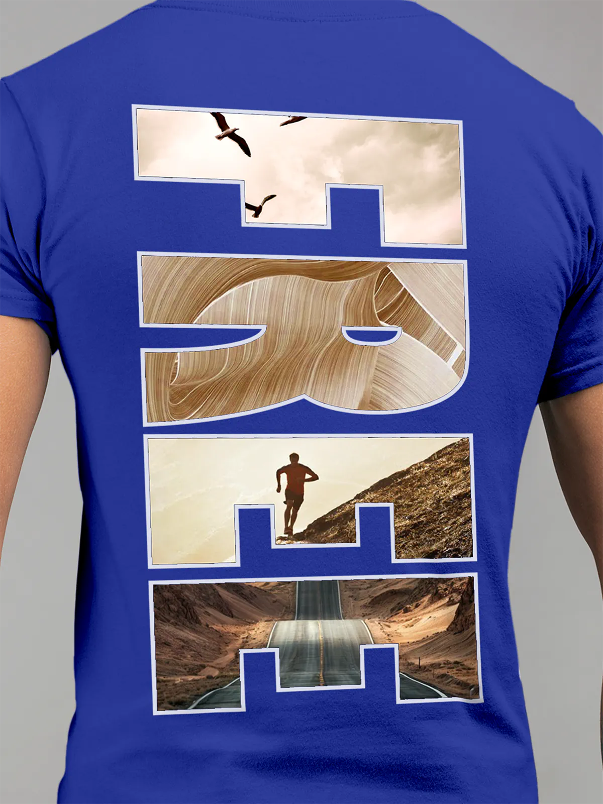 Close up of 'Free & Boundless' design on Men's Blue Round Neck T-shirt, highlighting intricate details and vibrant print.