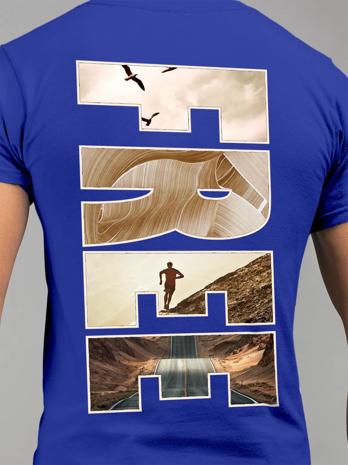 Close up of 'Free & Boundless' design on Men's Blue Round Neck T-shirt, highlighting intricate details and vibrant print.