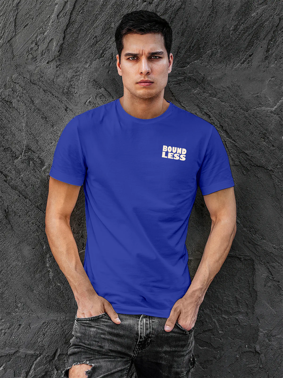 Front view of Fighterhero Men's Blue Round Neck T-shirt, highlighting the 'boundless' print design on the chest.