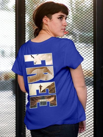 Model wearing Women's Blue Round Neck T-shirt with 'Free & Boundless' design, offering effortless style and premium comfort