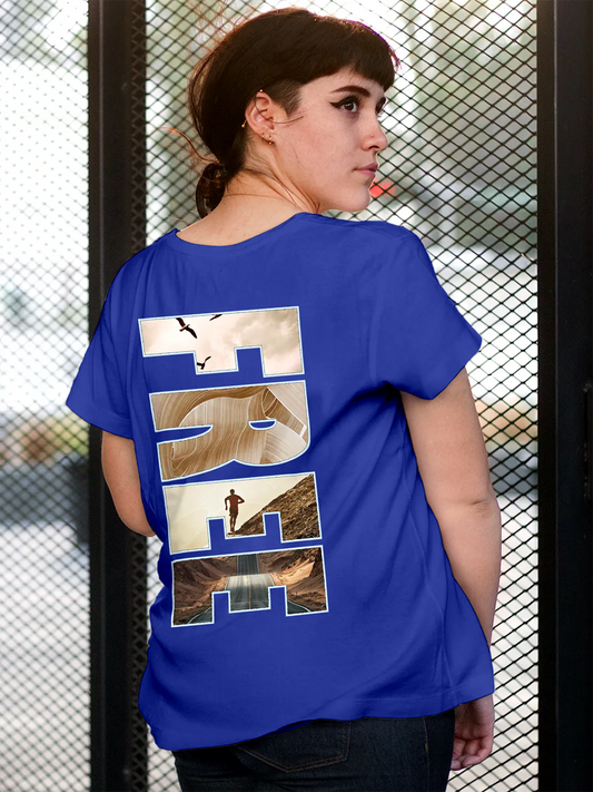 Fighterhero T-shirts: Model wearing Women's Blue Round Neck T-shirt with 'Free & Boundless' design