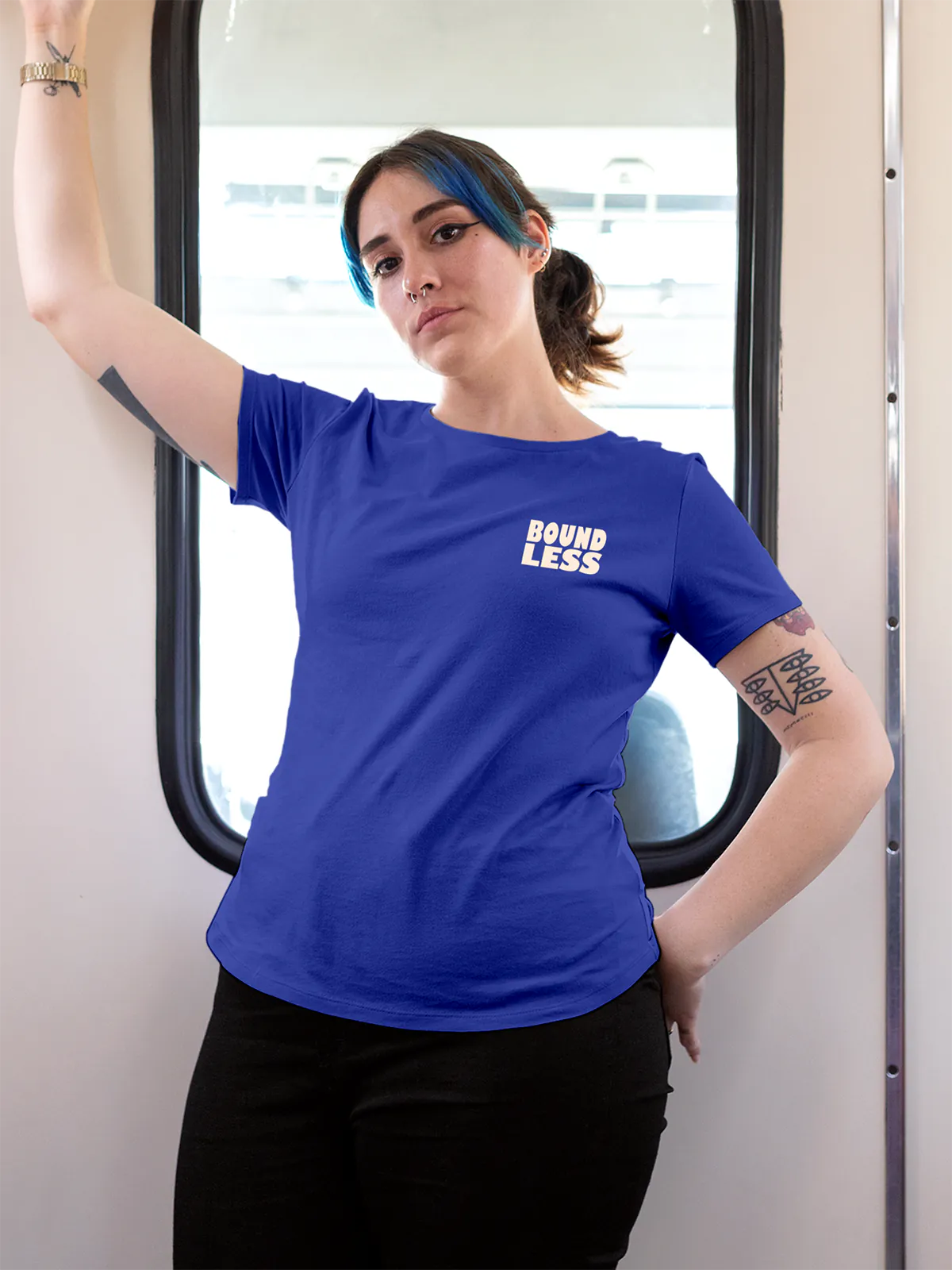 Front view of Fighterhero Women's Blue Round Neck T-shirt, highlighting the 'boundless' print design on the chest.
