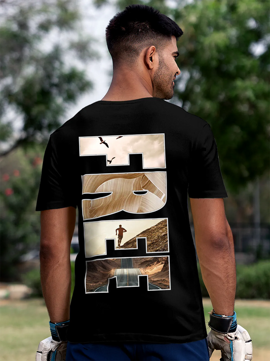 Fighterhero T-shirts: Model wearing Men's Black Round Neck T-shirt with 'Free & Boundless' design