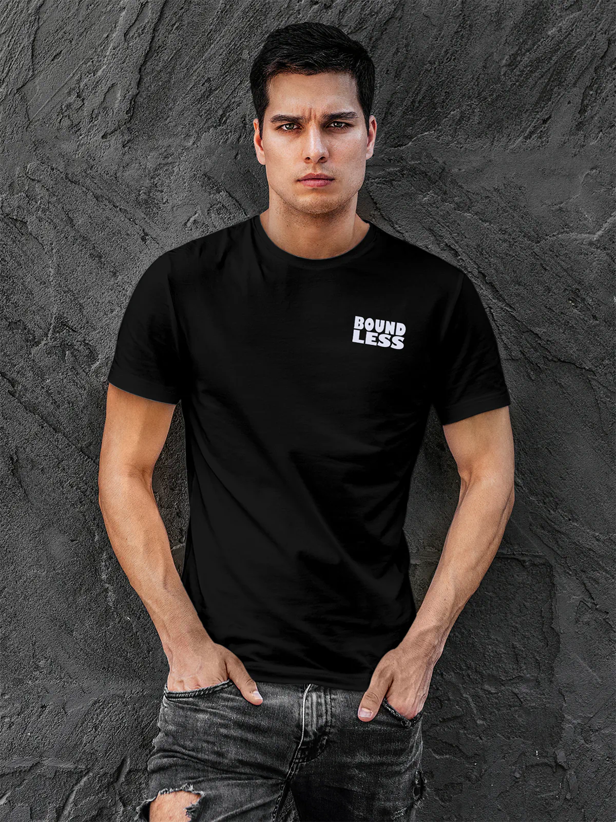 Front view of Fighterhero Men's Black Round Neck T-shirt, highlighting the 'boundless' print design on the chest.