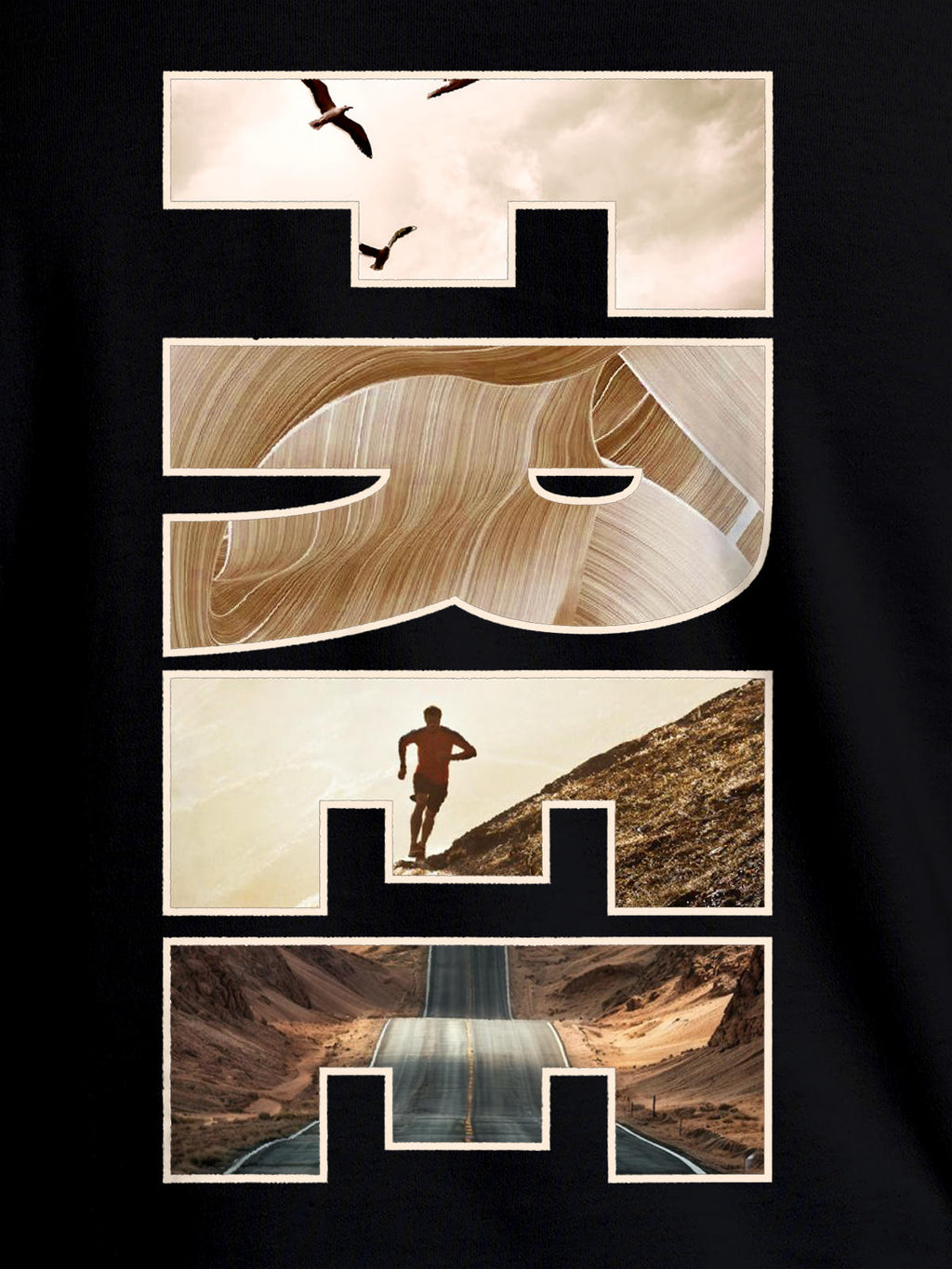 Close up of 'Free & Boundless' design on Men's Black Round Neck T-shirt, highlighting intricate details and vibrant print.