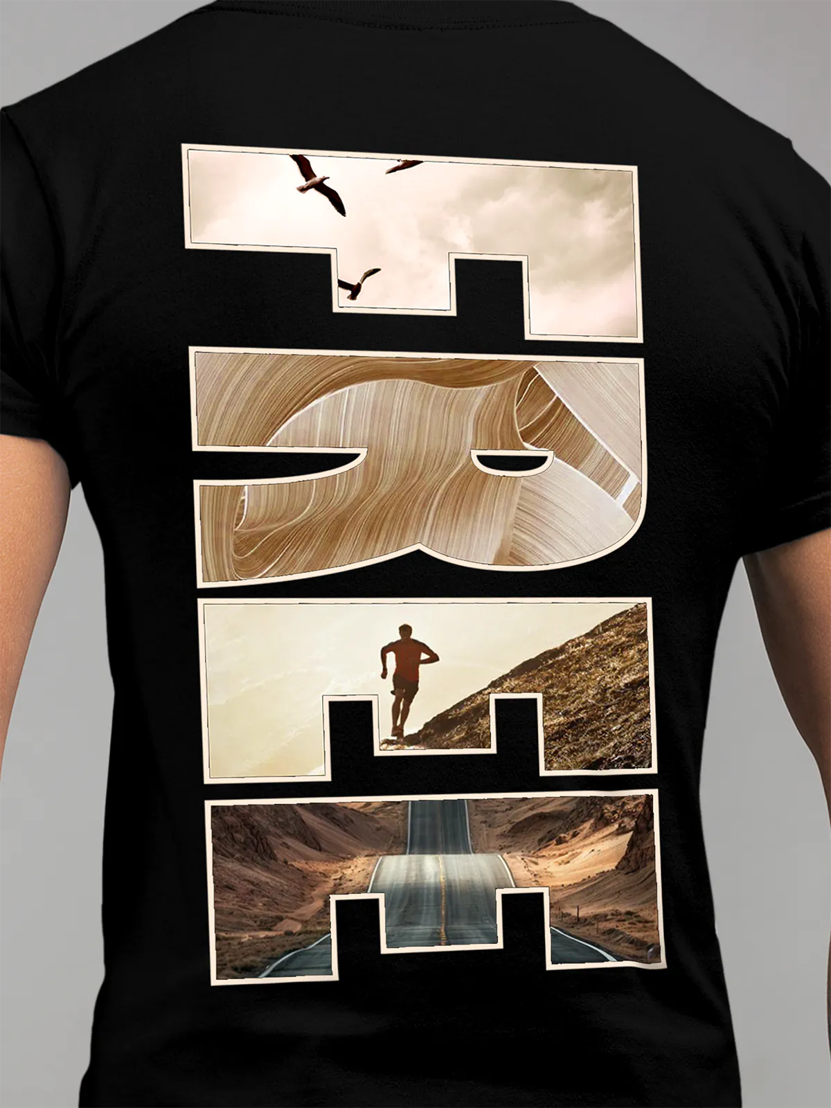 Close up of 'Free & Boundless' design on Men's Black Round Neck T-shirt, highlighting intricate details and vibrant print.