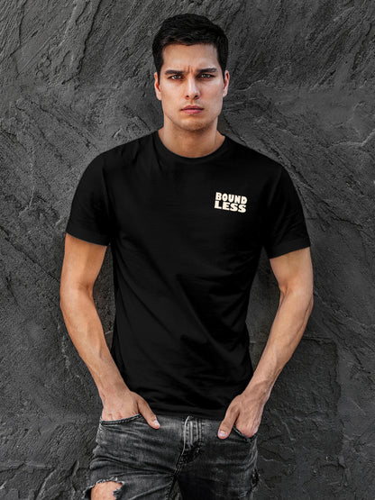 Front view of Fighterhero Men's Black Round Neck T-shirt, highlighting the 'broken chains' design on the chest.