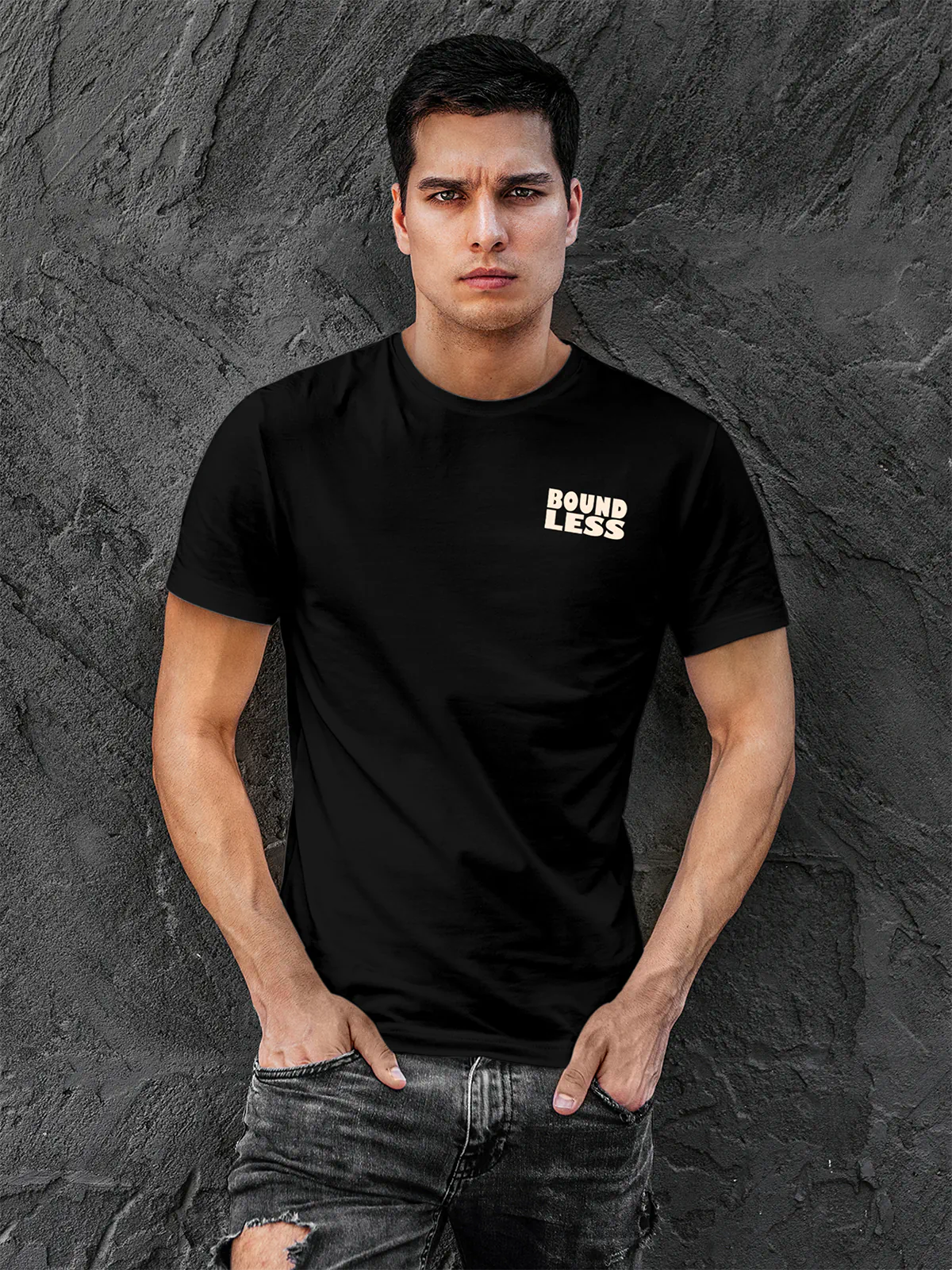 Front view of Fighterhero Men's Black Round Neck T-shirt, highlighting the 'boundless' print design on the chest.