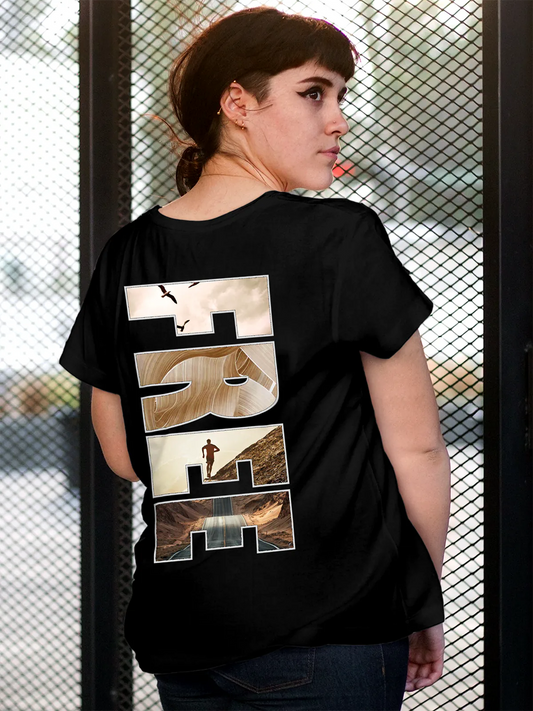 Fighterhero T-shirts: Model wearing Women's Black Round Neck T-shirt with 'Free & Boundless' design