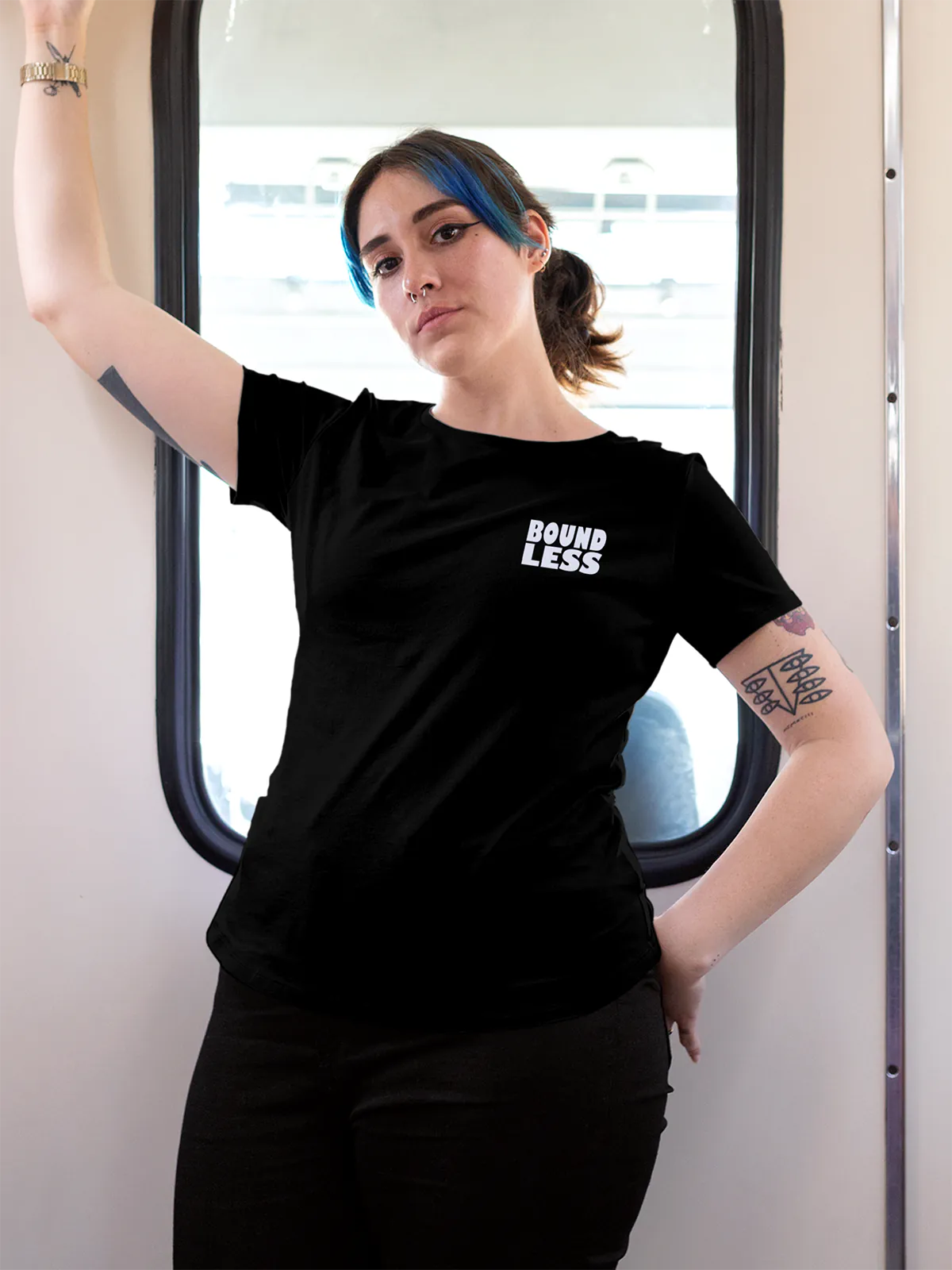 Front view of Fighterhero Women's Black Round Neck T-shirt, highlighting the 'boundless' print design on the chest.