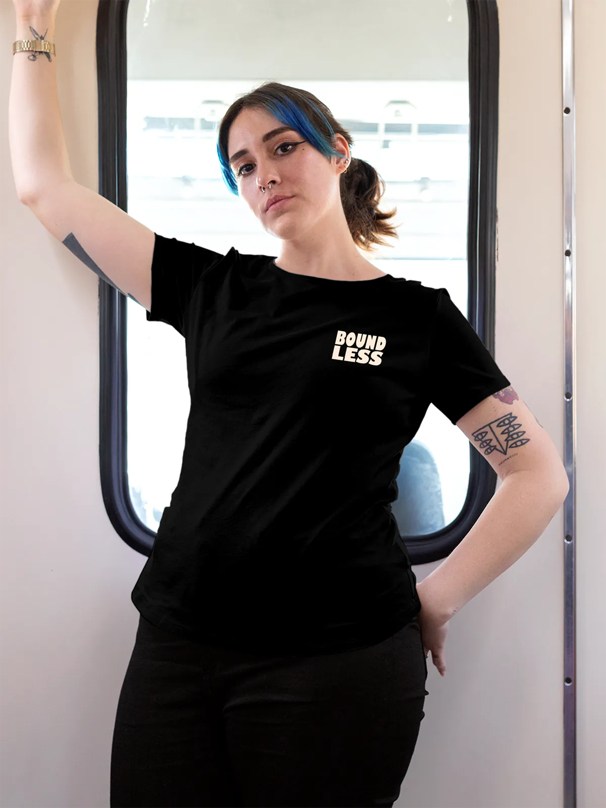 Front view of Fighterhero Women's Black Round Neck T-shirt, highlighting the 'boundless' print design on the chest.