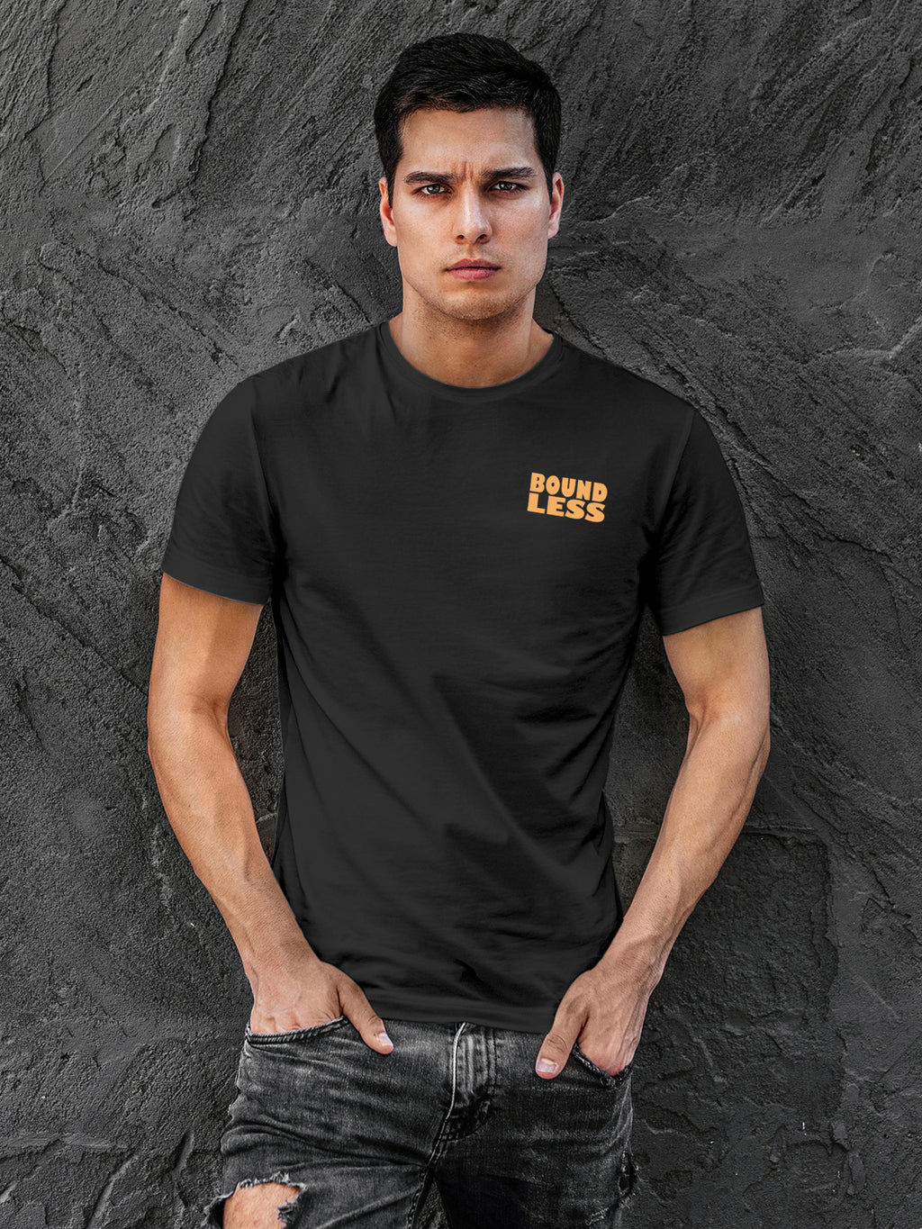 Front view of Fighterhero Men's Dark Grey Round Neck T-shirt, highlighting the 'broken chains' design on the chest.