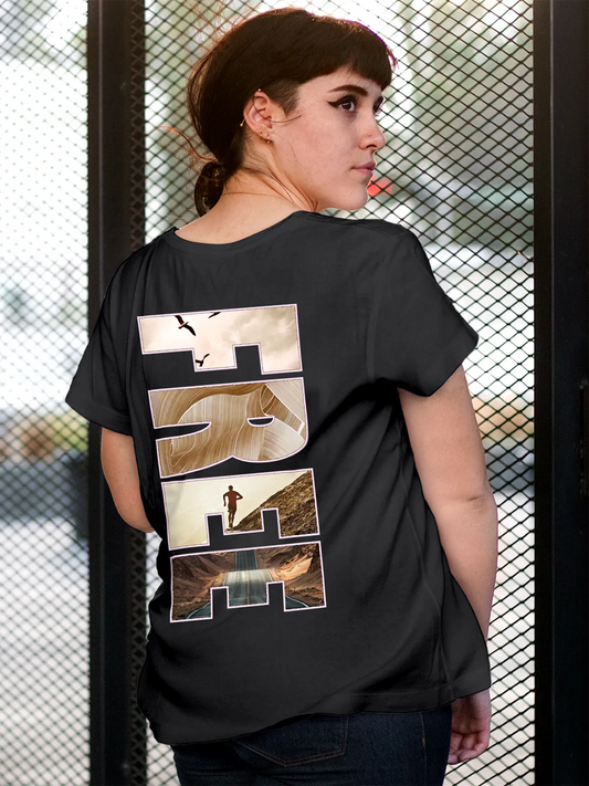 Fighterhero T-shirts: Model wearing Women's Dark Grey Round Neck T-shirt with 'Free & Boundless' design