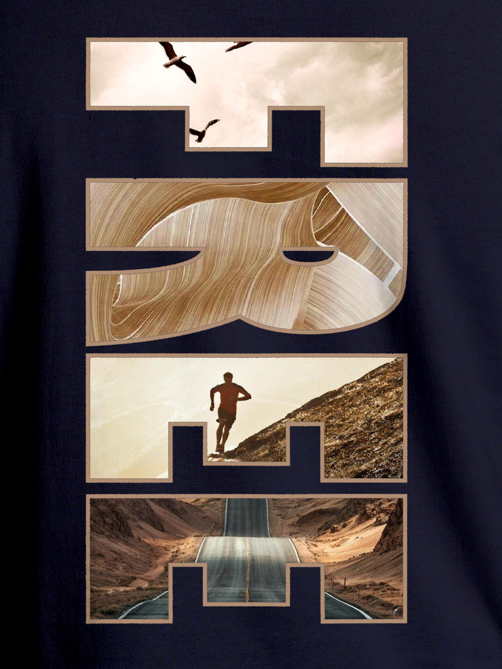 Close up of 'Free & Boundless' design on Men's Navy Blue Round Neck T-shirt, highlighting intricate details and vibrant print.