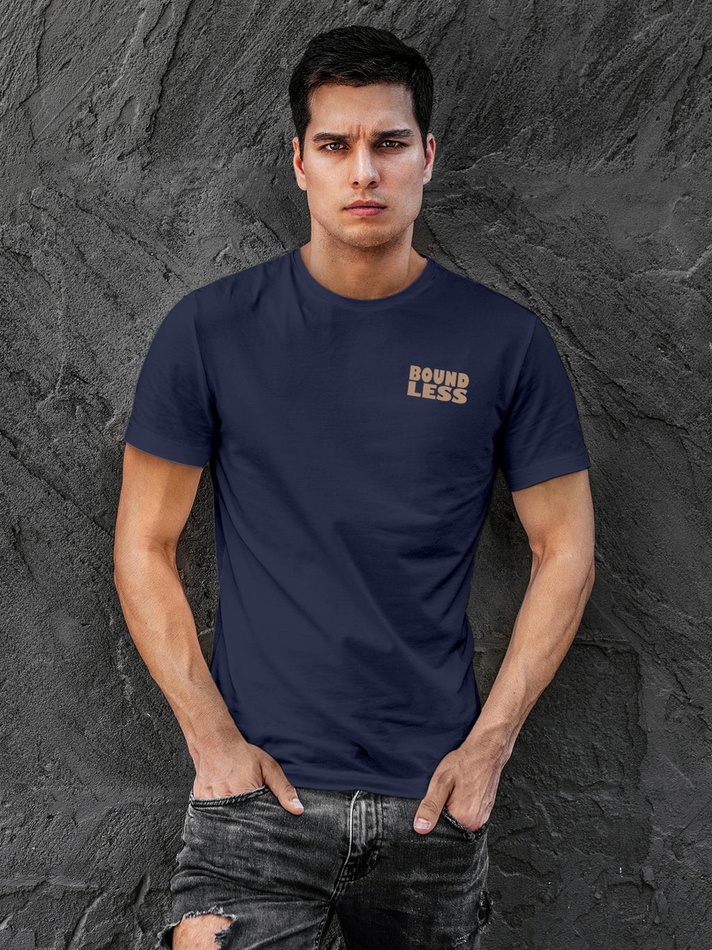 Front view of Fighterhero Men's Navy Blue Round Neck T-shirt, highlighting the 'broken chains' design on the chest.