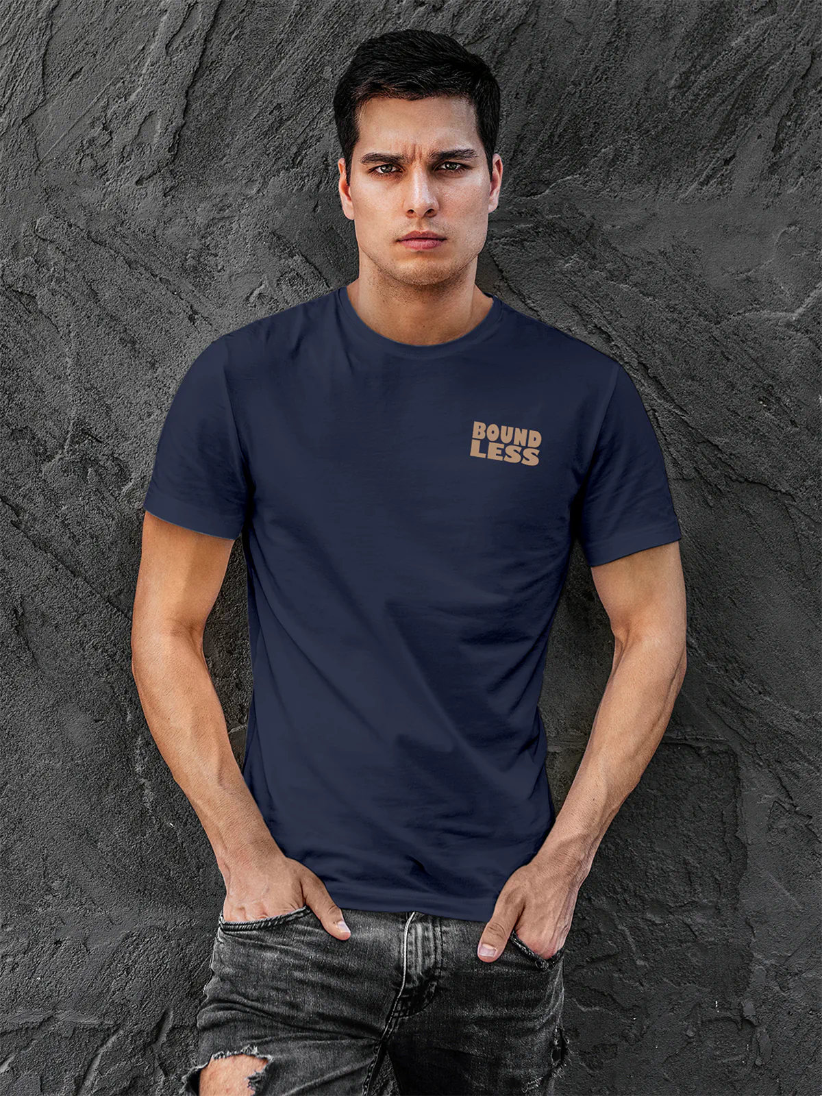 Front view of Fighterhero Men's Navy Blue Round Neck T-shirt, highlighting the 'boundless' print design on the chest.